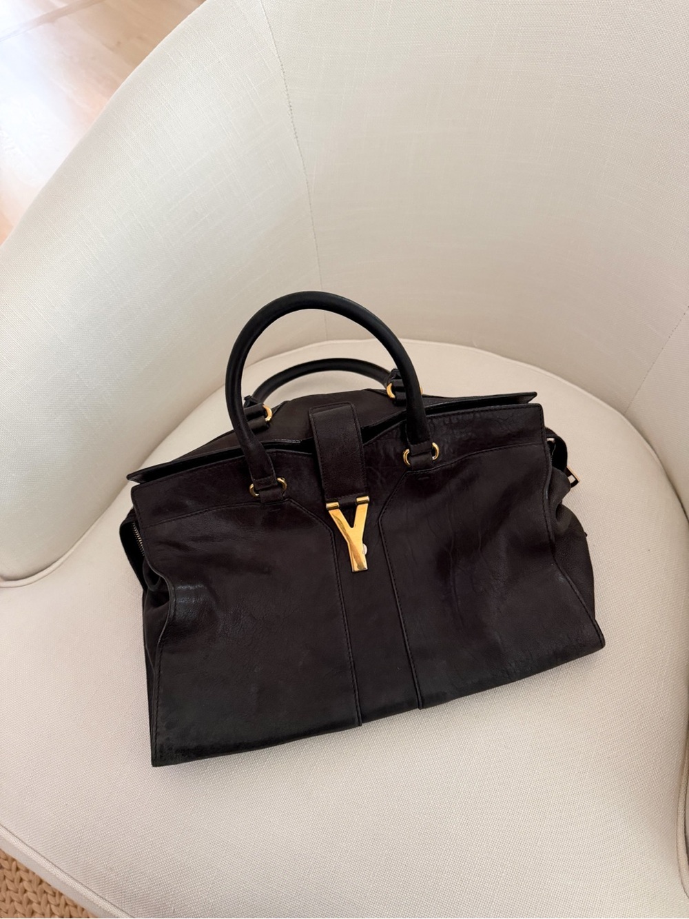 Yves Saint Laurent Cabas Chyc Black Leather Satchel with Gold Y Hardware